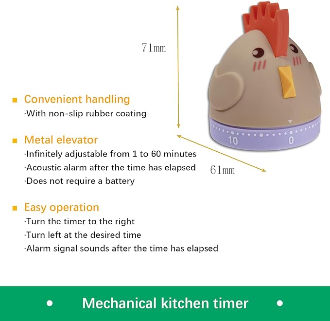 Mechanical Kitchen Timer, Cute Wind Up 60-Minute Manual Countdown - Image 2