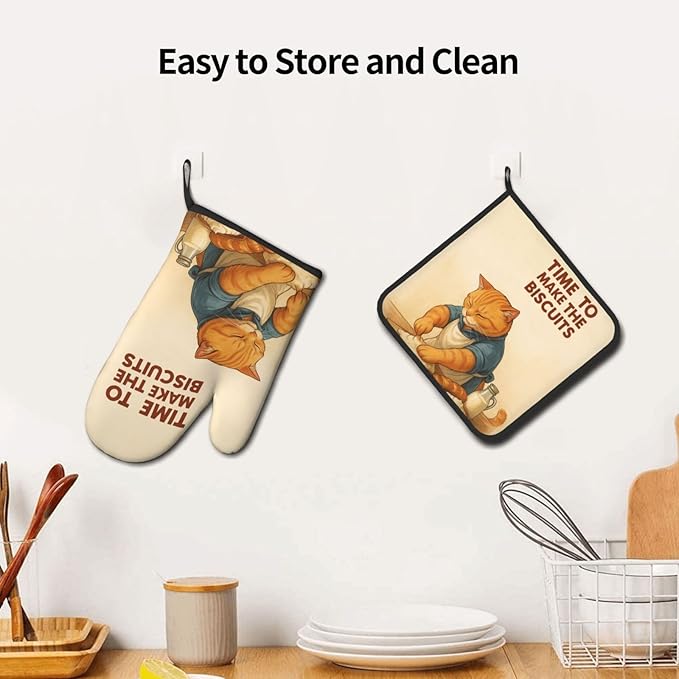 Cute Cat Oven Mitts and Pot Holder Set, Funny Heat Resistant Kitchen Gloves Hot - Image 5