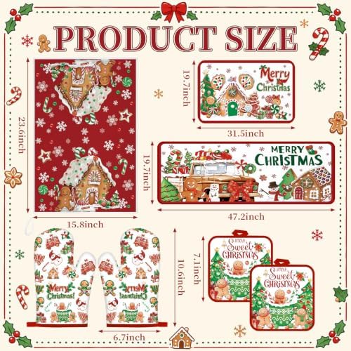 Fanfanwin 10 Pcs Christmas Gingerbread Man Kitchen Decor and Accessories Set Kitchen Towels Pot Holders Oven Mitts and Rugs for Baking Cooking BBQ Mom Housewarming Gifts