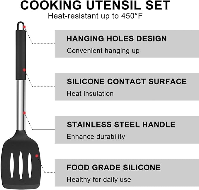 E-far Silicone Cooking Utensils Set, Slotted Turner, Soup Ladle, Pasta Server - Image 5