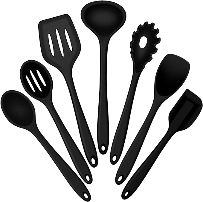 E-far Silicone Cooking Utensils Set, 7-Piece Black Heat Resistant Kitchen by E-far
