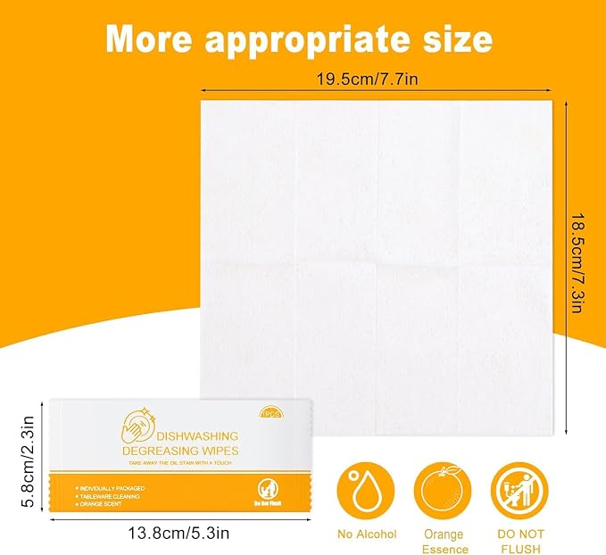 Dish Cleaning Wipes Individually Wrapped Travel Dish Soap Wipes Orange Scent 7.7”x 7.3“ Disposable Wipes Portable for Kitchen Outdoor Traveling Camping RV Quick Clean (50)