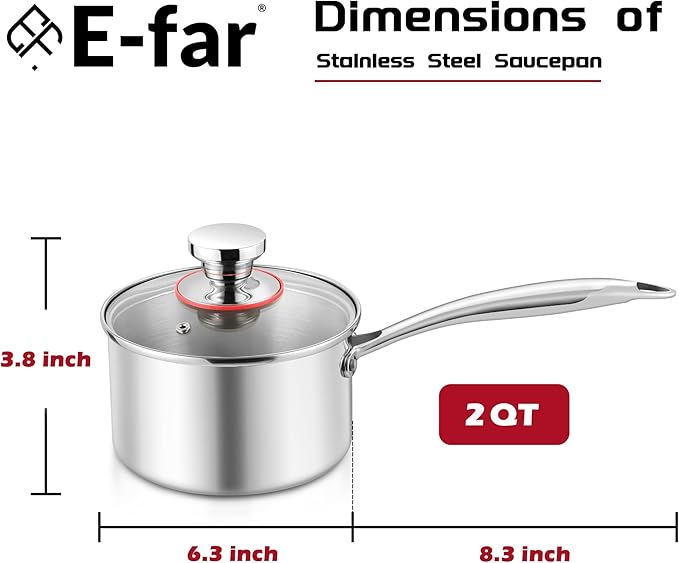 E-far 2-Quart Saucepan, Tri-Ply Stainless Steel Sauce Pan - Image 2