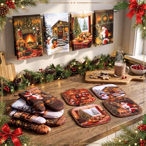 Silifine 12 Pcs Christmas Oven Mitts Pot Holders Kitchen Towels Sets