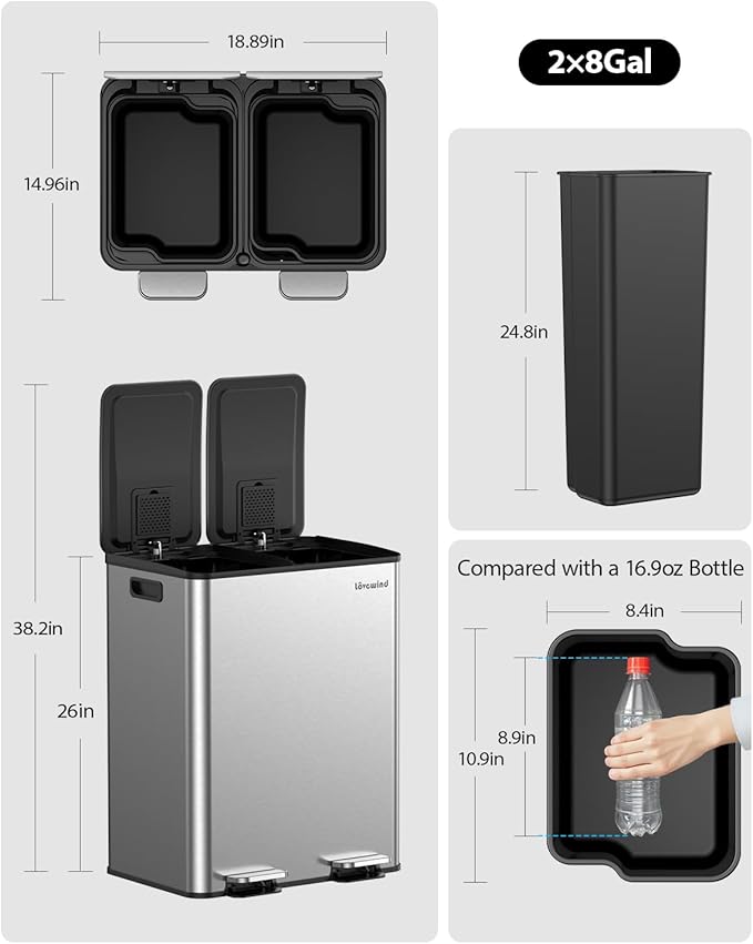 Lovewind Kitchen Trash Can, 2 x 8 Gallon Stainless Steel Trash and Recycle Bin - Image 6