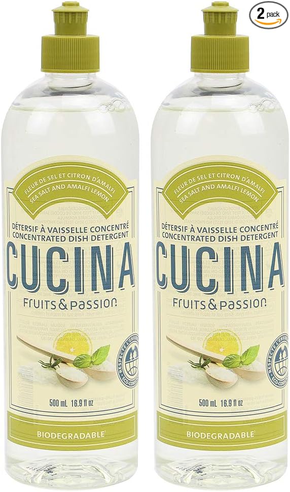 Cucina Fruits & Passion Biodegradable Concentrated Liquid Dish Soap Detergent 16.9 Ounces - 2 Pack (Sea Salt and Amalfi Lemon)