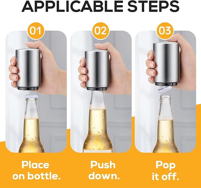 3PCS Premium Automatic Beer Bottle Opener, Magnet Stainless Steel Push Down Off - Image 3