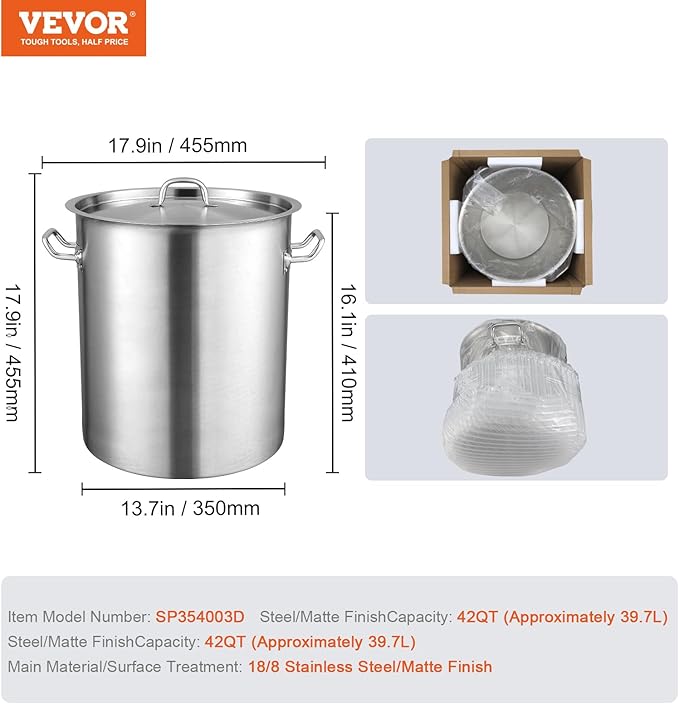 VEVOR 18/8 Stainless Steel Stockpot, 42QT Large Cooking Pots, Heavy Duty - Image 7