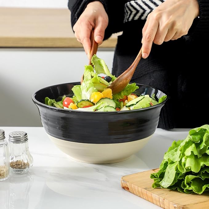 HASENSE Large Ceramic Serving Bowls Set of 2, 84 Oz 9 Inch Black & Beige - Image 5