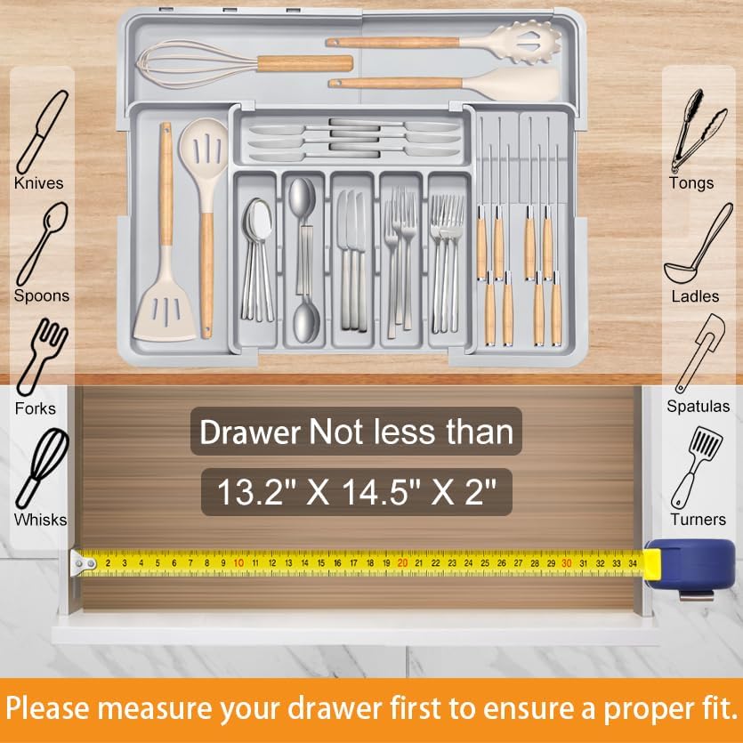 Silverware Drawer Organizer for Kitchen, Adjustable Utensil Drawer Organizer with 2 Knife Block, BPA Free Flatware and Cutlery Holder, Expandable Plastic Storage for Spoons Forks Knives(Grey)