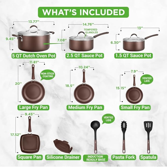 NutriChef 14-Piece Nonstick Brown Cookware Set - Image 3