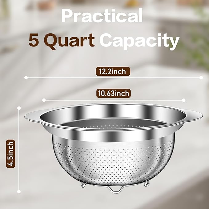 Stainless Steel Colander for Kitchen, 5 Quarts Stainless Steel Strainer - Image 2