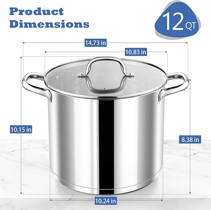 P&P CHEF 12 QT Stock Pot with Lid, Stainless Steel Large Cooking Pot, Soup - Image 2