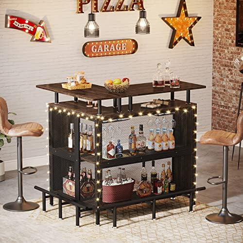Tribesigns Home Bar Unit, L-Shaped Bar Table with Stemware Racks and 2-Tier Shelves, Corner Mini Coffee Liquor Cabinet with Footrest for Home/Kitchen/Pub, Rustic Brown