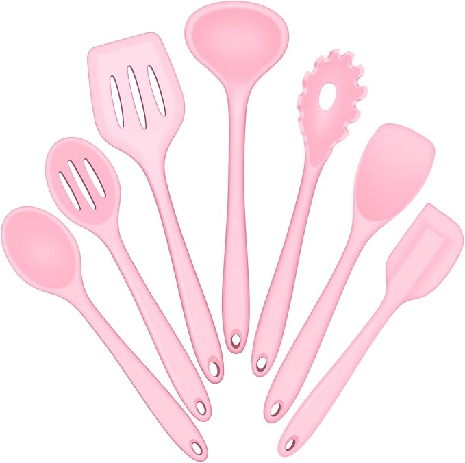 E-far Silicone Cooking Utensils Set, 7-Piece Pink Heat Resistant Kitchen by E-far