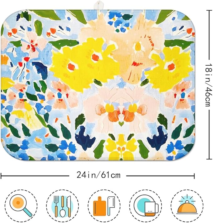 Blue and Yellow Floral Large Dish Drying Mats, Reversible Dish Drying Pads - Image 7