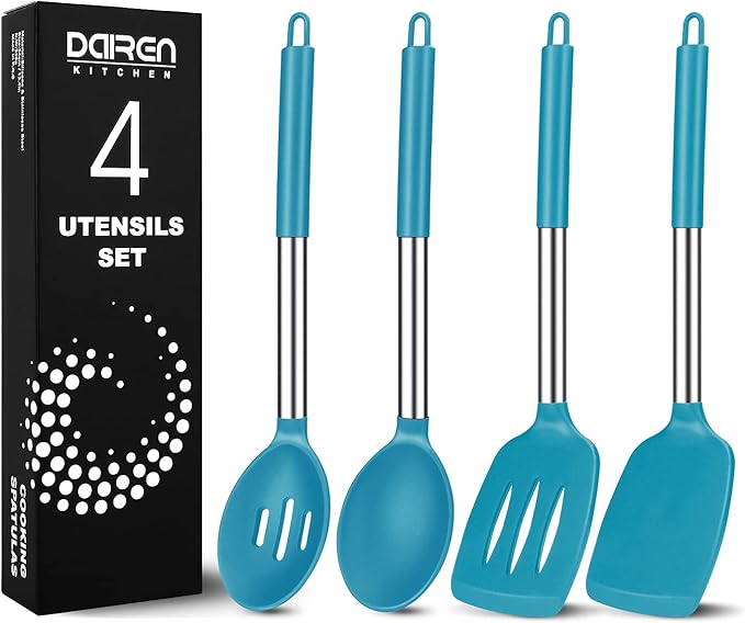 Pack of 4 Large Silicone Cooking Spatulas and Spoons, Slotted and Solid by DaiRenKitchen