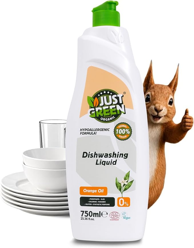 Dish Soap, Plant-Based Dishwashing Liquid, Non-Toxic, Hypoallergenic, EcoCert Certified, Vegan, Grease-Cutting, Orange Scent, 25.36 fl oz (750 ml)