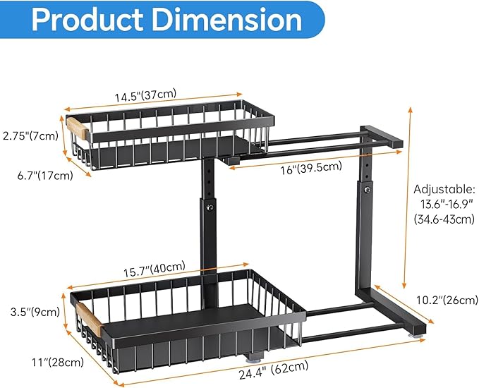 PXRACK Under Sink Organizer, Adjustable Height, 2 Tier Pull Out Under Cabinet - Image 7