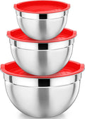 P&P CHEF Red Mixing Bowls with Lids, Stainless Steel Salad Nesting Bowl by PPCHEF
