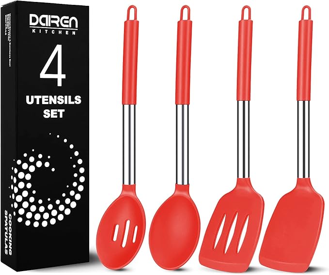 Pack of 4 Large Silicone Cooking Spatulas and Spoons, Slotted and Solid by DaiRenKitchen