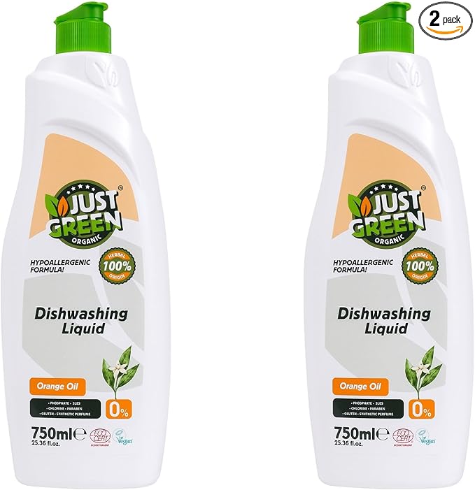 Dish Soap, Plant-Based Dishwashing Liquid, Non-Toxic, Hypoallergenic, EcoCert Certified, Vegan, Grease-Cutting, Orange Scent, 25.3 fl oz (750 ml) - 2 Pack