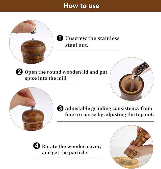 Salt and Pepper Grinders Set, Ouktor Manual Wooden Salt and Pepper Mills Shakers - Image 4