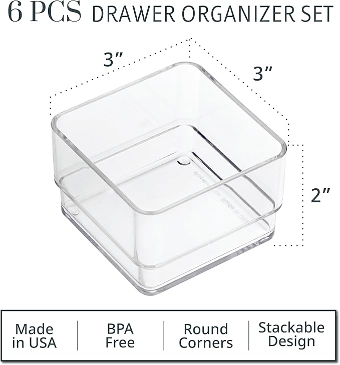 STORi SimpleSort 6-Piece Stackable Clear Drawer Organizer Set | 3" x 3" x 2" - Image 2