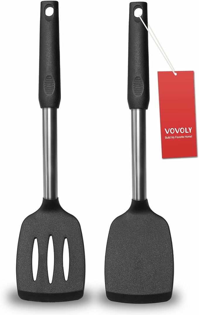 2 Pack Spatulas, Solid & Slotted Silicone Spatula Set, Stainless Steel Handle by VOVOLY