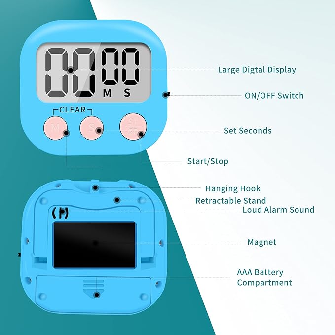 6 Pack Small Digital Kitchen Timer Magnetic Back and ON/Off Switch, Minute - Image 3