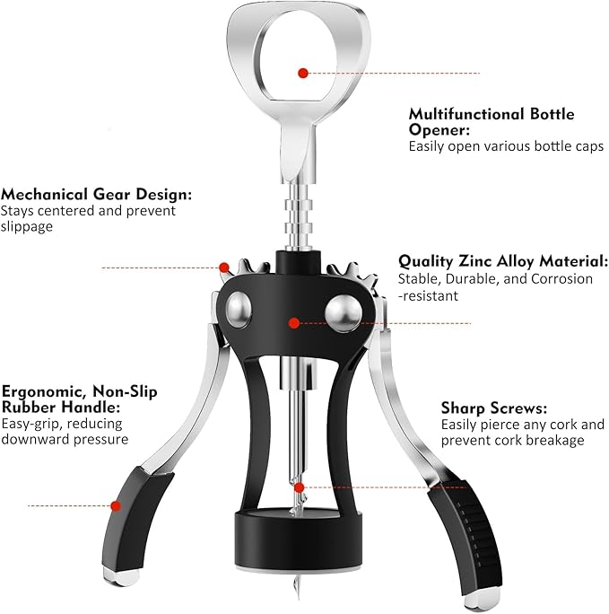 KORCCI Wine Opener, Heavy-Duty Zinc Alloy Wing Corkscrew, Premium Beer Bottle - Image 2
