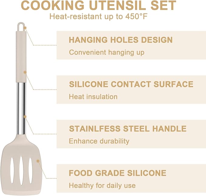 E-far Silicone Cooking Utensils Set, Slotted Turner, Soup Ladle, Pasta Server - Image 5