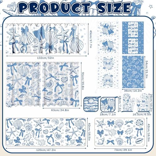 13 Pcs Beach Kitchen Decor Set 3 Seashell Kitchen Curtains Valance 2 Blue Bow Rugs and Mats 4 Coastal Hand Towels 2 Pot Holders 2 Oven Mitts for Summer Home Decor Cooking Grilling Housewarming Gift