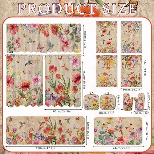 13 Pcs Wildflowers Grass Kitchen Decor Set 3 Hummingbird Kitchen Curtains Valance 2 Spring Rugs and Mats 4 Towels 2 Pot Holders 2 Oven Mitts for Home Cooking Grilling Housewarming Gift
