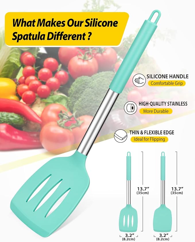 Pack of 2 Silicone Solid Turner, Non Stick Slotted Kitchen Spatulas, High Heat - Image 2