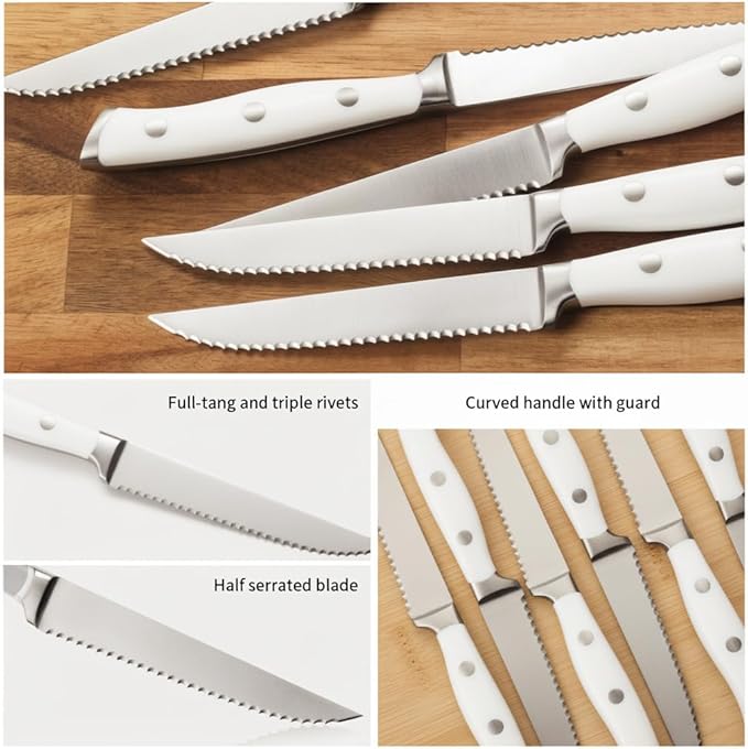 Alata 6-Piece White Steak Knives Set, Stainless Steel Steak Knife set - Image 4