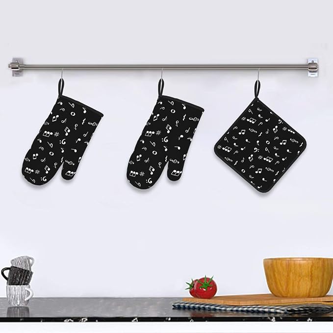 Music Notes Oven Mitts and Pot Holders Sets of 3 Black Hot Pads Musicial Oven - Image 6