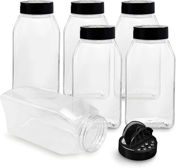 ROYALHOUSE 6 PACK 32 Oz with Black Cap, Plastic Spice Jars Bottles Containers by RoyalHouse