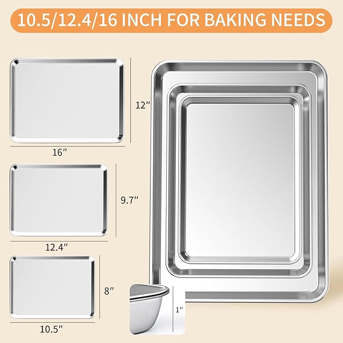 Baking Sheet Set of 3, Stainless Steel Cookie Sheets Baking Sheet Pan, - Image 2