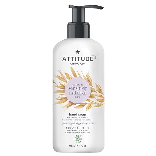 ATTITUDE Liquid Dish Detergent, Hypoallergenic Plant- and Mineral-Based Ingredients & Soothing Hand Soap for Sensitive Skin Enriched with Oat and Chamomile, EWG Verified