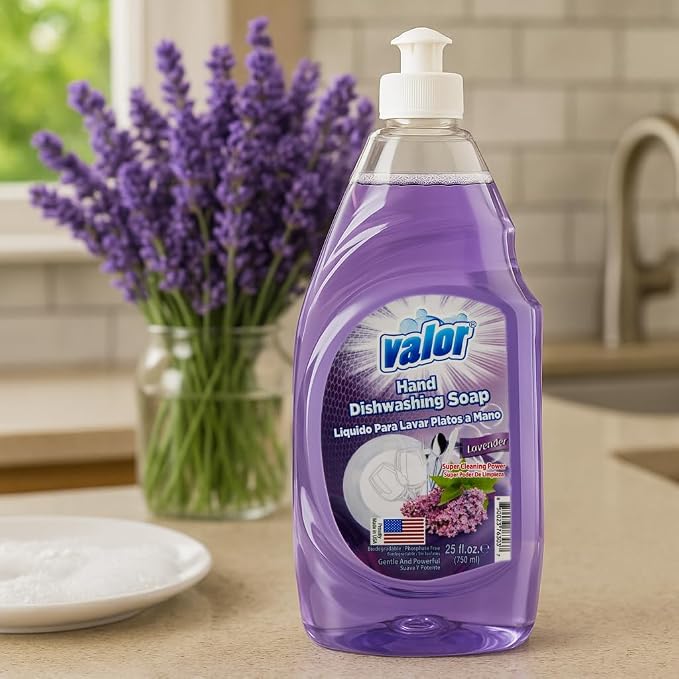 Valor Dishwashing Liquid, 25 fl oz – Dish Soap for Kitchen & Bathroom, Grease-Fighting, Gentle on Hands, Fast Rinse, Eco-Friendly Biodegradable Formula (25.5 oz (Pack of 6), Lavender)