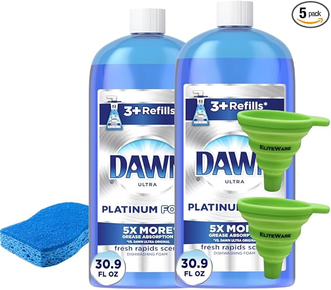 Dish Sponge with two Collapsible Funnel and Dawn Ultra Platinum Foam Dish Soap - 30.9 oz Refill, Fresh Rapids Scent (2 Bottles) Cleaning Kit