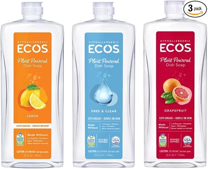 ECOS Dish Soap Variety - Cuts Grease & Food Residue - Hypoallergenic for Sensitive Skin - Liquid Dishwashing Soap - 25 Fl Oz Bottles (Pack of 3)