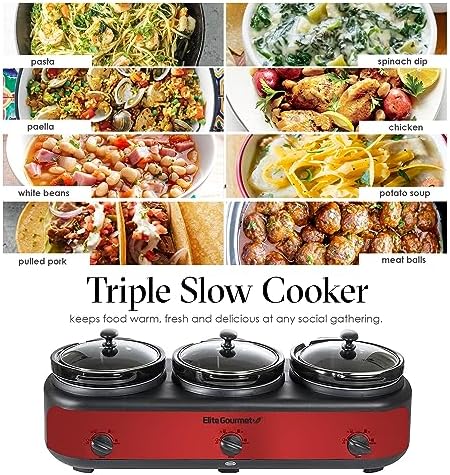 Elite Gourmet EWMST-325R Triple Slow Cooker Buffet Server, 3 x 2.5 Qt, Red