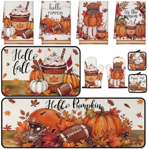 Fanfanwin 10 Pcs Fall Pumpkin Kitchen Decor Set Kitchen Towels Pot Holders Oven Mitts and Rugs Set Thanksgiving Towels for Baking Cooking BBQ Autumn Home(Football,Dark Orange,10)