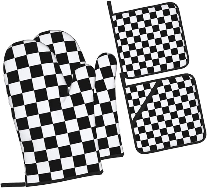 Checkered Black and White Plaid Oven Mitts and Pot Holders Set of 4, Heat - Image 9