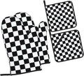 Checkered Black and White Plaid Oven Mitts and Pot Holders Set of 4, Heat by Unknown
