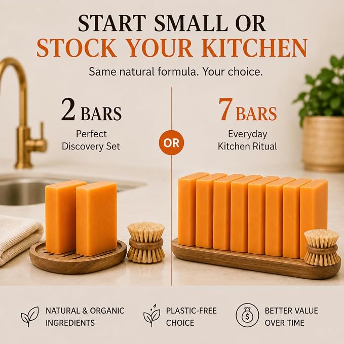 KELEBS 7 Dish Soap Bars | Citrus Essential Oil Formula | Natural & Organic Ingredients | Gentle on Hands | For Plant-Based Kitchens & Light Dishwashing | Biodegradable | No Overpour | Value Pack