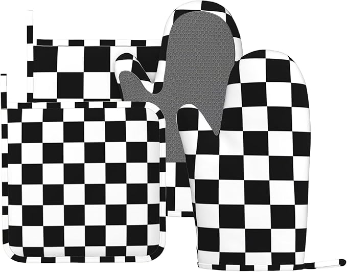 Black White Check Plaid Oven Mitts and Pot Holders Sets Silicone Black and by MIFSOIAVV