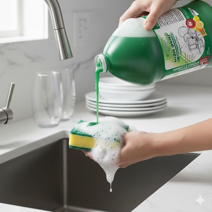 GreenFist Dish Soap Ultimate Kitchen Kit – Pump, Towel, Sponges & Scrubbers, Complete Cleaning Bundle – 1 Gallon, Lemon Scent (1 Gallon + Pump & Sponge)